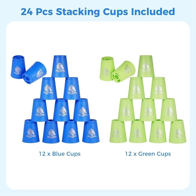 yeesport 24 Pcs Sport Stacking Cups, Sport Training Game for Challenge Competition, Plastic Stacking Cups, Classic Family Game for Kids and Adults, Blue+Green