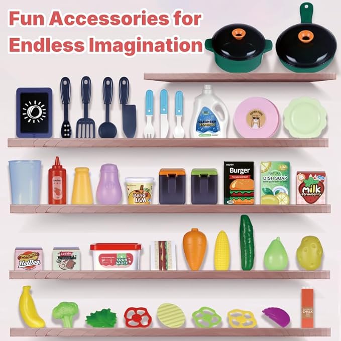 Kids Pretend Kitchen Playset with Electronic Stove, Steam & LED Lights – Interactive Toddler Kitchen Toy with Working Sink, Play Food & Accessories for Girls & Boys 3–8 Years (Red)