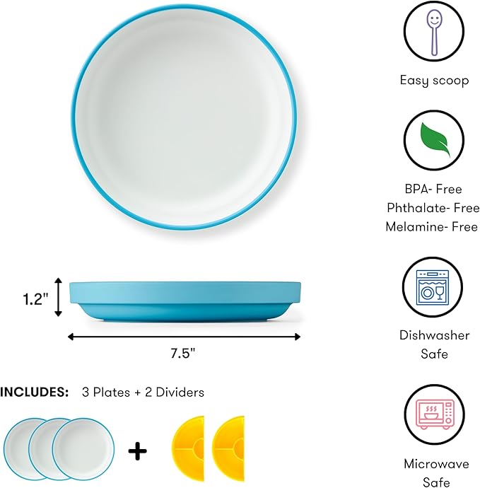 Omie® Easy Scoop Plates for Kids | Unique Design Helps Food Fall into the Spoon, Not on the Table | Made from Plants | 3 Plates + 2 Silicone Dividers | Blue