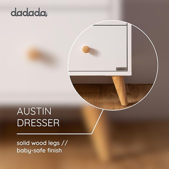 dadada Austin 3-Drawer Dresser for Nursery and Bedroom - Modern Design, Large Storage, Baby-Safe Finish, Soft Close Drawers, Anti-Tip Safety, Solid Wood Feet, Durable Construction (White+Natural)