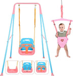 4 in 1 Toddler Swing Set & Baby Jumper, Heavy Duty Kids Swing with Bouncer, Foldable Metal Stand for Indoor & Outdoor, Easy Install & Store (Blue Pink)