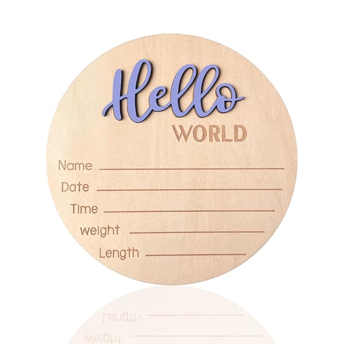 Baby Announcement Sign, 5.9 Inch Wooden Hello World Newborn Signs, Birth Announcement Sign, Baby Shower Hospital Nursery for Newborn Boys and Girls (Cashmere Blue)