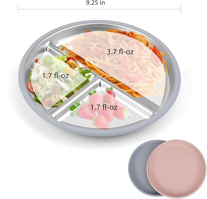 ShineMe Stainless Steel Kids Plates 2 Pack, 9”Suction Plates for Baby with Removable Colored Silicone Sleeves, Unbreakable Toddler Divided Plate Non Toxic for Snack, Meal...