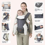 BabbleRoo Grow Carrier – Safety-Certified 6-in-1 Baby Carrier with Hip Seat, Ergonomic & Adjustable Toddler Carrier 7-50 lbs with Hip Support, Hood for Sun Protection, Newborn to Toddler, Gray