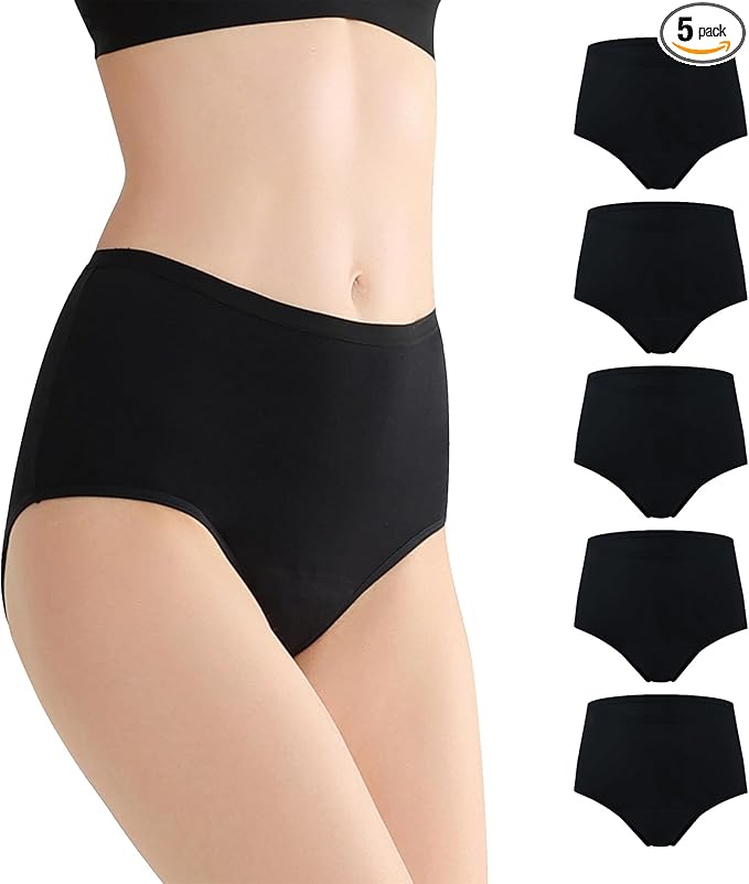 BATTEWA Incontinence Underwear for Women Washable, Leak Proof Underwear High Waist Cotton,Bladder Leakage 50ML (5Black, Medium, 5 Pack)