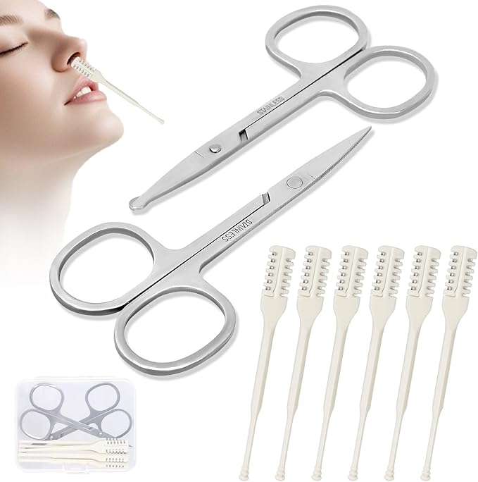 6 PCS Nasal Hair Cutter & 2 PCS Facial Hair Small Grooming Scissors for Men Women - Double-Sided Nostril Hair Remover Tool with 360° Rotating Blade, Nose Hair Trimmer & Eyebrow Scissors