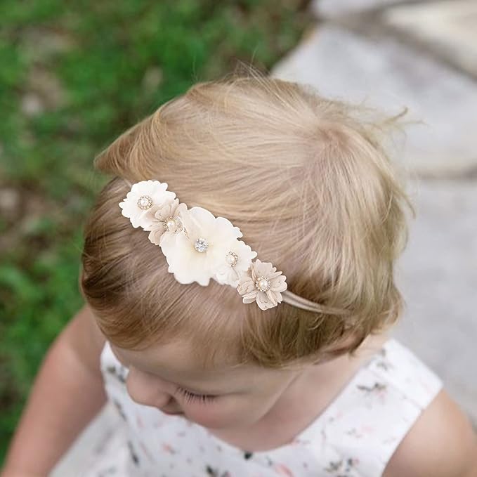 Baby Girl Nylon Headbands Flower Hair Bows Accessories-Elastic Hair Band Crown Handmade FLoral Wraps Birthday Gifts for Girls Newborn Infant Toddler 3Pcs