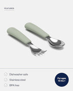 Lalo Utensils - Toddler Fork and Spoon Set - Stainless Steel and Silicone Ergonomic Toddler Utensils - Children Safe Flatware Set - 2 Pieces - Sage