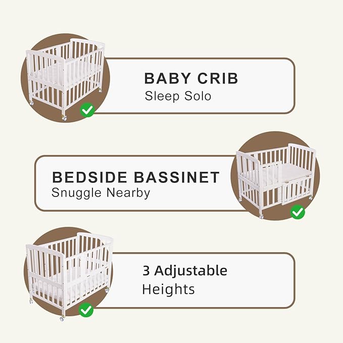 Baby Bassinets Bedside Sleeper - Portable Pine Wood Bedside Bassinet with Mattress,3 Heights Small Mini Crib,Baby Crib for Newborns,White