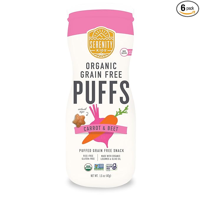 Serenity Kids 6+ Months Allergen-Safe Puffs for Toddlers & Babies - 1.5 oz Pack of 6, Carrot & Beet - USDA Organic Baby Snacks - No Grains, Gluten, Nuts, Rice - Veggie-Packed Puffs for Toddler Food