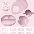 Silicone Baby Feeding Set 14 Pcs,Baby Led Weaning Supplies, Baby Spoons Suction Bowl Divided Plate Bib Cup Finger Brush,First Stage Solid Food Eating Utensils - 6+ Months(Light Pink)
