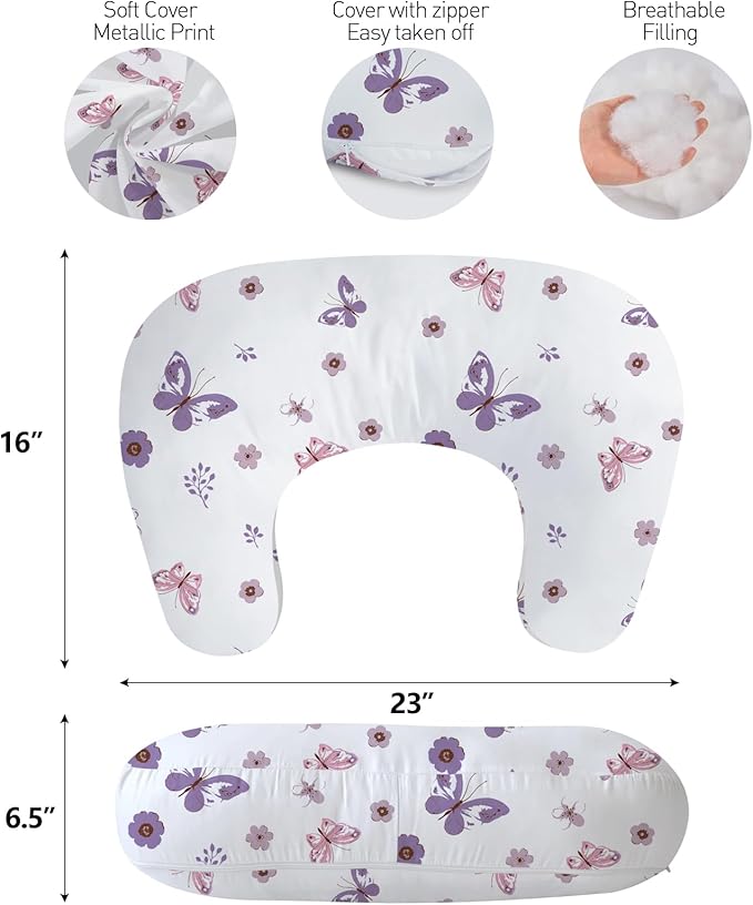 Little Grape Land New Nursing Pillow for Breastfeeding, Larger Breast Feeding Pillow and Positioner with Removable Cover for More Support, Tummy Time Bottle Feeding Support Pillow, Purple Butterfly