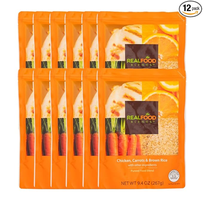Real Food Blends Chicken, Carrots & Brown Rice - Pureed Food Meals for Tube Feeding with Protein, Vegetables & Fruits - 340 Calories for Lunch & Dinner - 9.4 oz (Pack of 12)