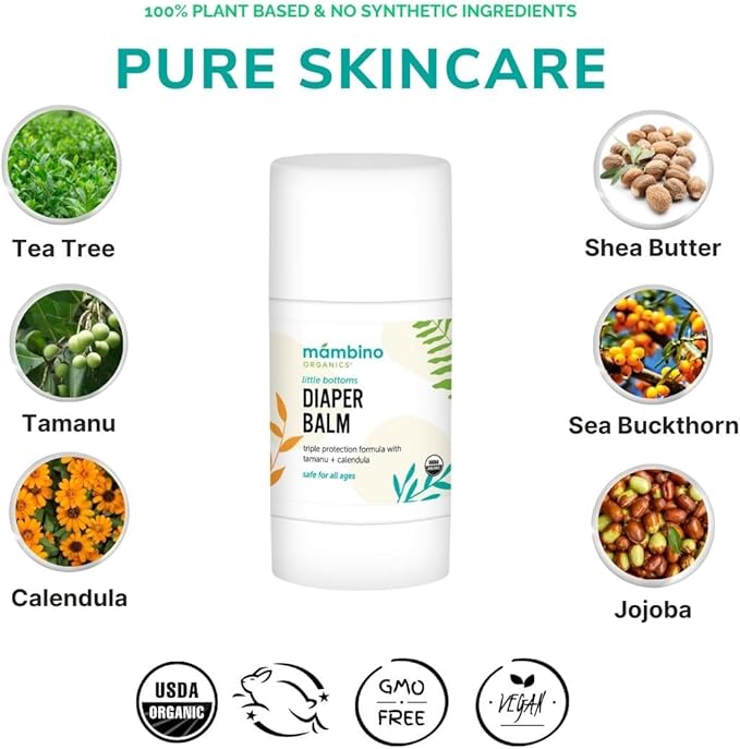 Mambino Organics Little Bottoms Diaper Balm, New & Improved Ointment Rash Cream for Diaper Rash, Calendula - Oatmeal, Cruelty-Free, 0.63 Ounces