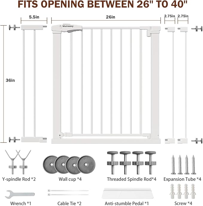 Mumeasy 36" Extra Tall Baby Gate for Stairs and Doorways, 26-40" Auto Close Dog Gate Indoor, Easy Install Pressure Mounted Pet Gate, Safety Baby Gates with Door for Child and Pets