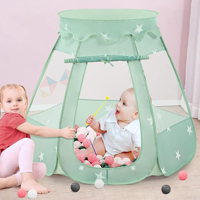 Baby Ball Pit Tent with 50 Balls - For Toddlers, Pink/White/Gray Princess Playhouse with Carry Bag, 109x90cm