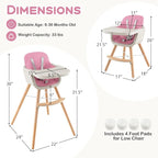 BABY JOY Convertible Baby High Chair, 3 in 1 Wooden Highchair/Booster/Chair with Removable Tray, Adjustable Legs, 5-Point Harness, PU Cushion and Footrest for Baby, Infants, Toddlers (Pink)