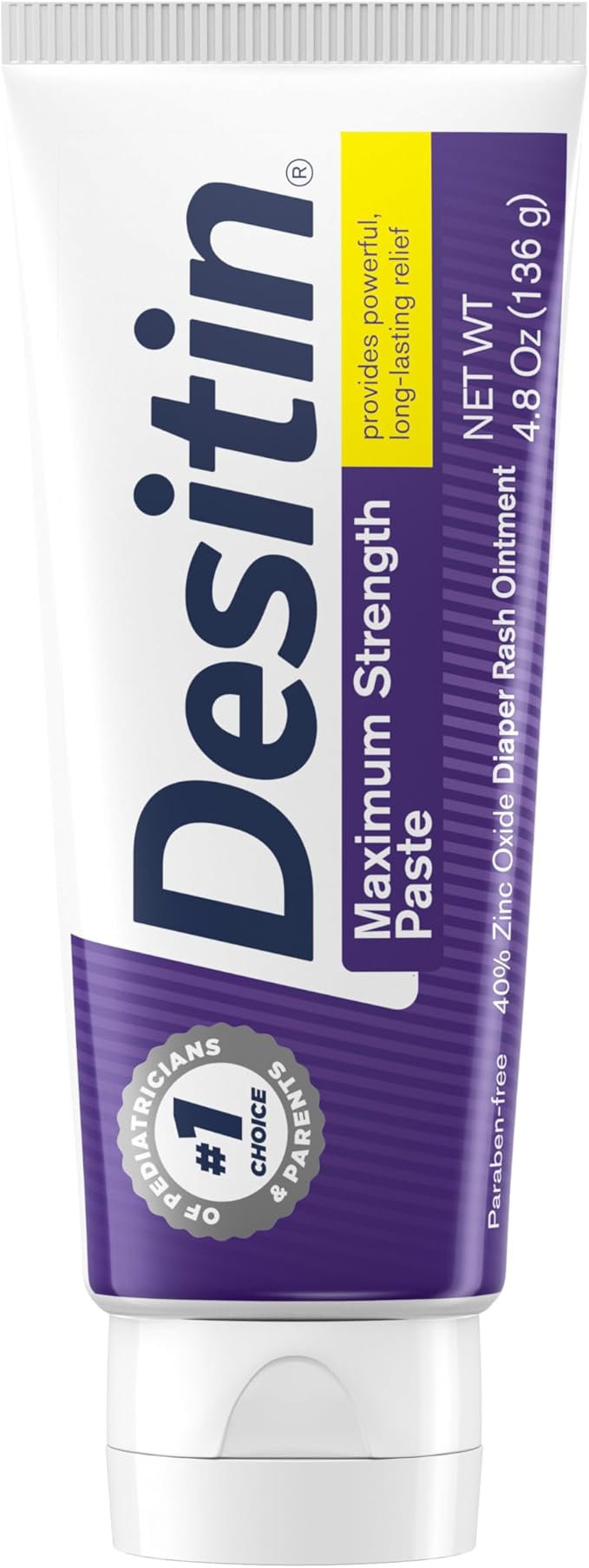 Desitin Maximum Strength Baby Diaper Rash Cream, 40% Zinc Oxide, Hypoallergenic No Added Parabens & Dyes, Protects & Relieves Baby’s Skin for Up to 12 Hours, Prevents Diaper Rash, 4.8 oz Tube