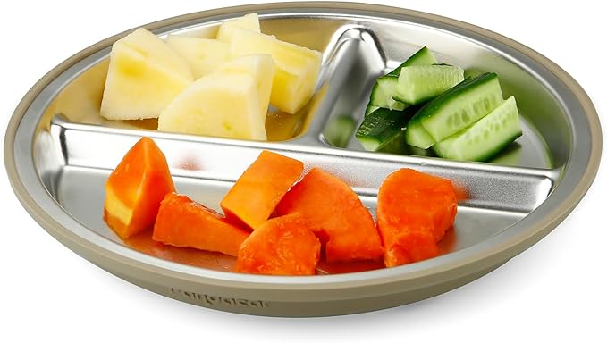 PandaEar 2 Pack Stainless Steel Baby Suction Plates & 2 Pack Spoons and Forks Set, Toddler Utensils Baby Feeding Set, Divided Plates for Baby Led Weaning Supplies, BPA-Free (Tan/Walnut)