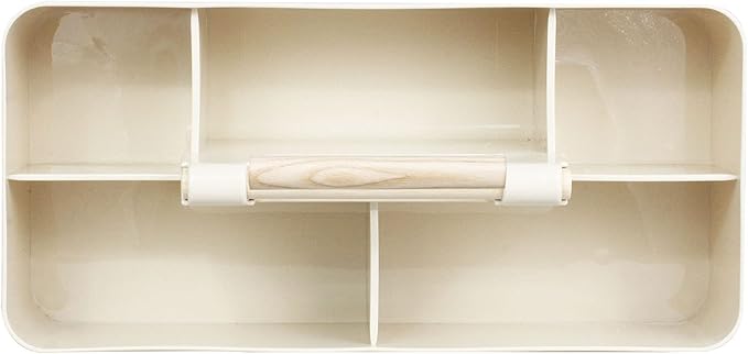 Baby Shower Caddy Plastic Nursery Portable Storage Organizer Caddy Tote for Child/Kids, Divided Basket Bin with Wood Handle for Bathroom, Dorm Room, Holds Hand Soap, Bottles, Spoons (Beige)