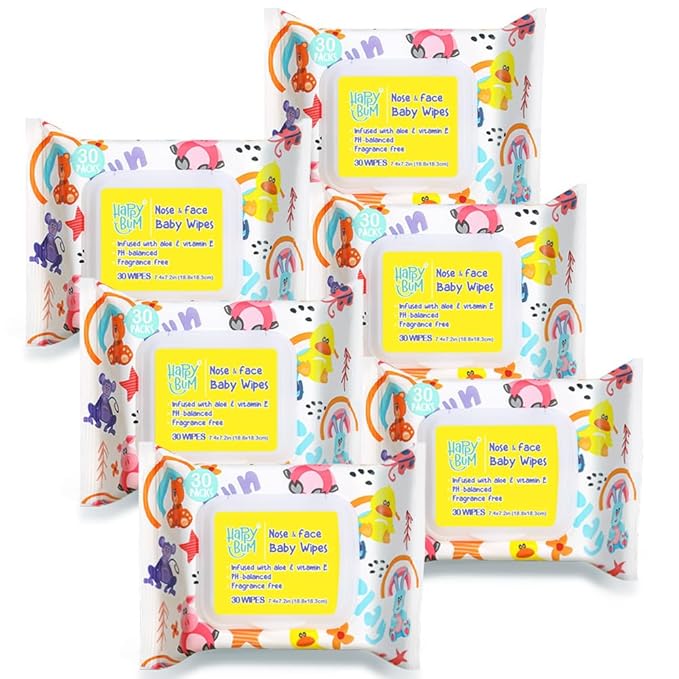 HAPPY BUM - 180 Count Baby Wipes, Unscented, 7.4 x 7.2 Inch, Moist and Refreshing, Multi-Purpose Use, Ideal for Travel (6 Packs of 30)