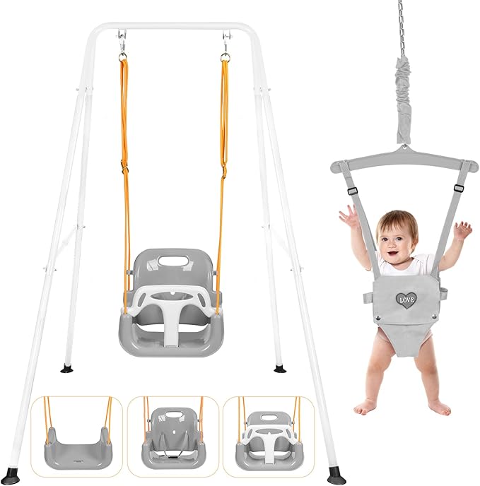 4-in-1 Swing Set & Baby Jumper and Bouncer for Toddler, Heavy Duty Baby Swing Set with Foldable Metal Stand for Indoor & Outdoor Play, Adjustable Swingset for Toddler (White)
