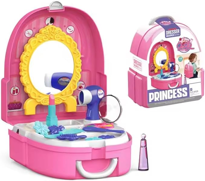 19-Piece Kids Pretend Makeup Playset – Princess Backpack Dress Up Toys for Girls, Portable Role Play Beauty Kit for Imaginative Play (Princess)