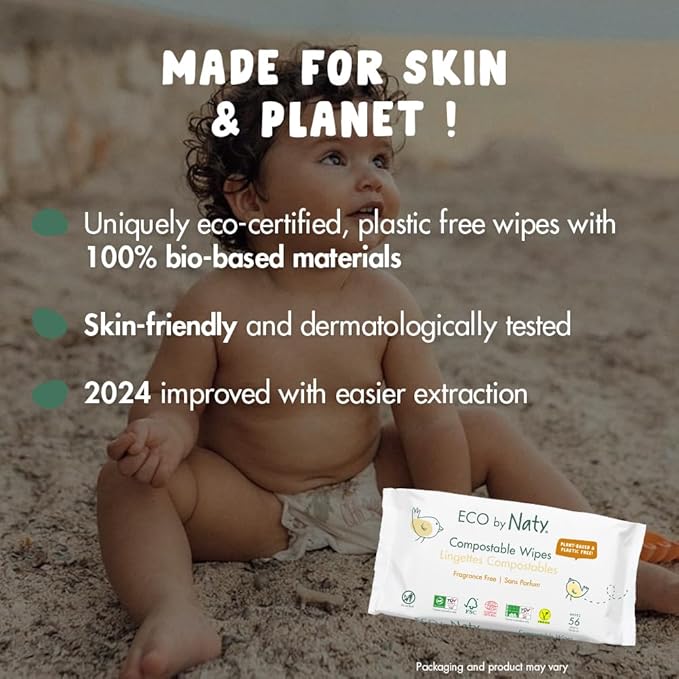 Eco by Naty Unscented Baby Wipes, (3 packs of 56), Plant based Compostable Wipes, 0% plastic. No nasty chemicals, 168 Count