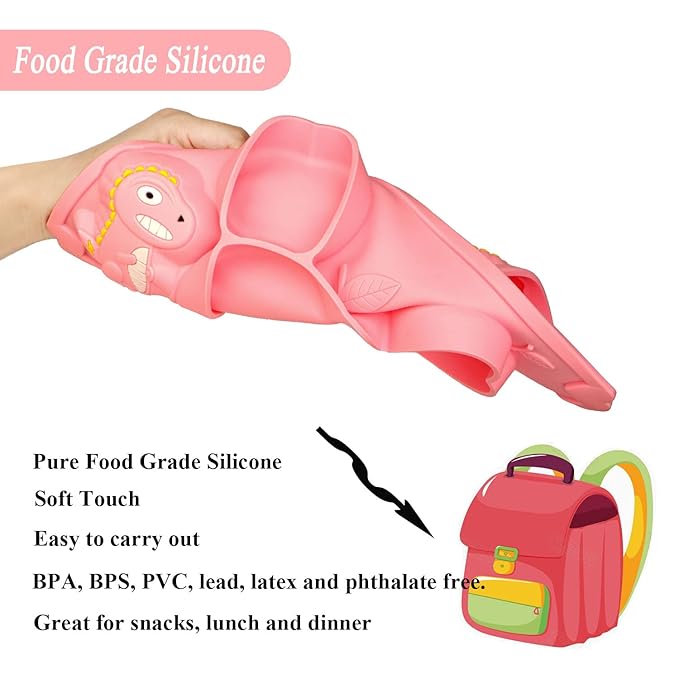 3Pcs Toddler Silicone Dinosaur Placemat Spoon and Fork Set,Divided Plate Dish for Baby Kids Infant Self Feeding Training，Non-Suction BPA Free Microwave Dishwasher Safe-Pink Dinosaur