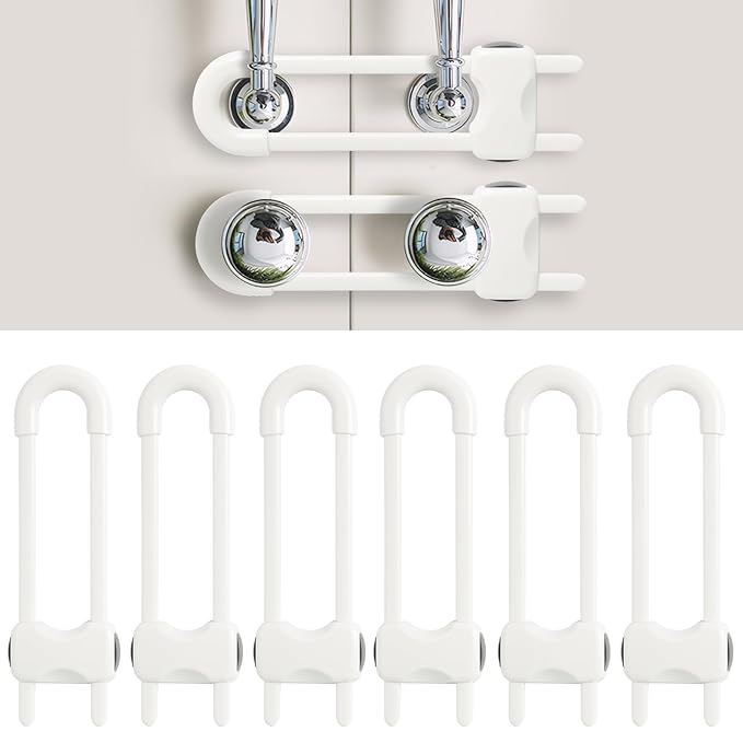 Baby Proofing Cabinets, Sliding Cabinet Locks for Babies, Adjustable U Shaped Baby Safety Locks, Childproof Cabinet Latch for Kitchen, Bathroom, Drawer, Cupboard Doors Knobs & Handles (6 Pack White)
