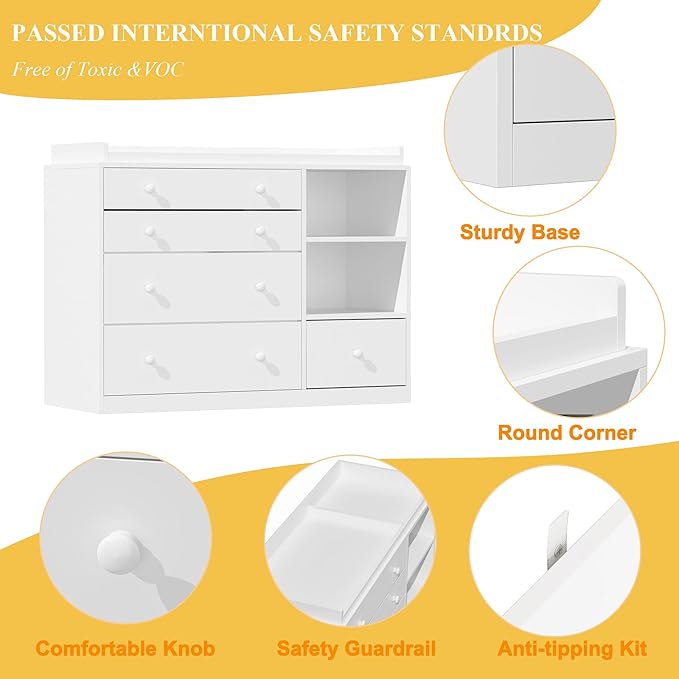 Lovinouse 47" Baby Nursery Dreser Diaper Changing Table Furniture with 5 Drawers and 2 Shelves, Dresser for Baby Nursery with Storage & Removable Changing Top Station,Bedroom,Children's Room, White