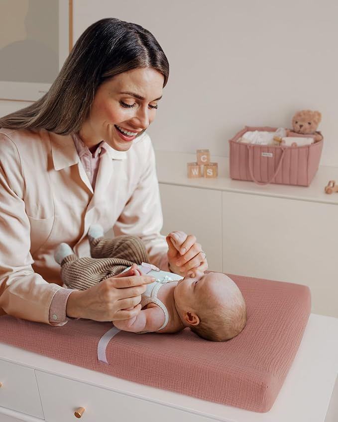 Blissful Diary Muslin Changing Pad Cover for Girls Boys, Ultra Soft Breathable Cotton, Baby Diaper Change Table Pad Covers, 2Pack (Dusty Pink&Rainbow)