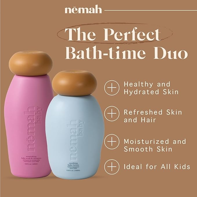 Nemah - Soothing 2-in-1 Baby Shampoo & Wash and Calming Body Lotion, a Moisturizer for Babies & Toddlers, Plant-Derived, Vegan & Gluten-Free