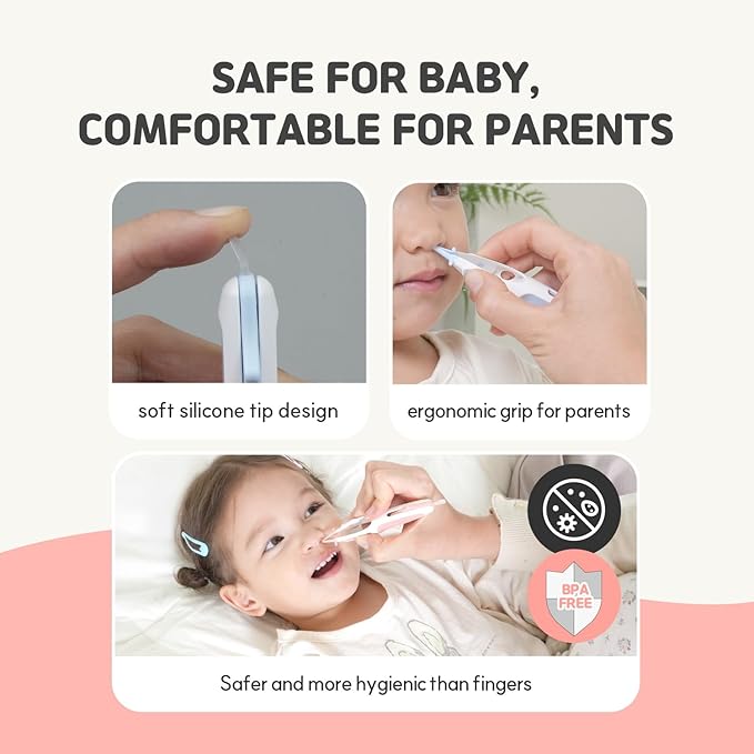 HubiBaby 3 in 1 Baby Nose Cleaning Tweezer Booger Remover and Baby Ear Wax Removal Tool with Soft Silicone Dual Ear Wax and Safe Nasal Picker for Newborns Infants & Toddlers (Pink)