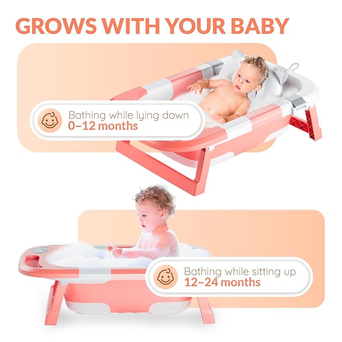 Collapsible Bathtub Baby for Infants & Newborns w/Thermometer, Drain Plug with Heat Sensor & Scoop – Compact Travel Baby Bath Space-Saving Bath for Travel, Shower & Small Bathrooms