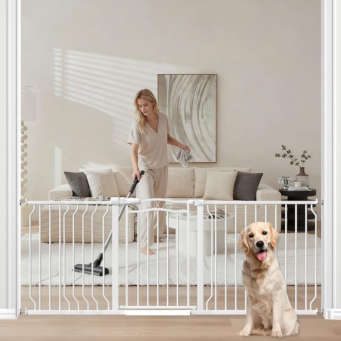 Extra Wide Dog Gate for Doorways 72-81.5 in, Walk Through Long Baby Gates for Large Openings, No Drill Child Safety Gate for Pets Kids Toddler, Doggy Barrier Indoor Metal, 30" Tall White