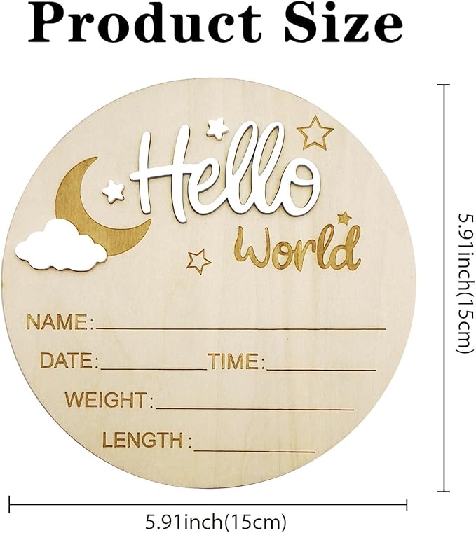 Baby Announcement Sign, 5.9 Inch Wooden Hello World Newborn Signs, Birth Announcement Sign and Pen, Moon and White Cloud Decoration, Welcome Newborn Arrival to World, Hospital Nursery for baby (White)