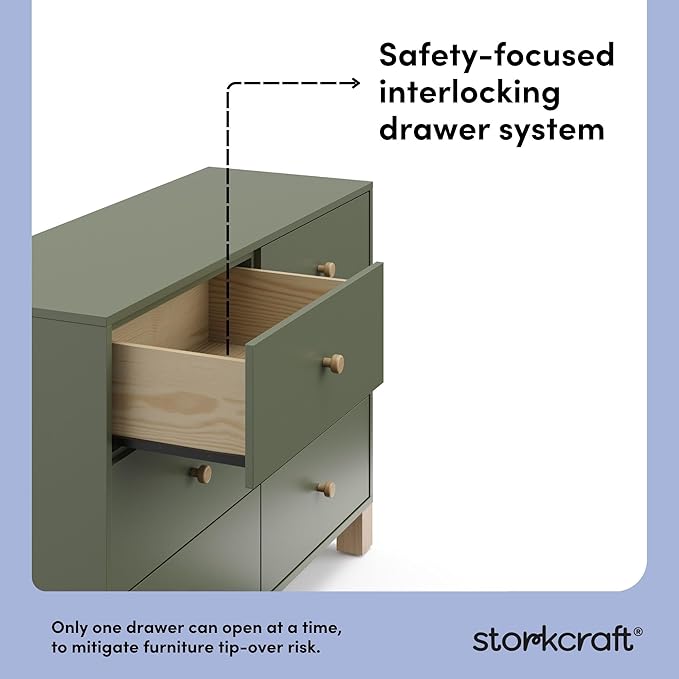 Storkcraft California 6-Drawer Double Dresser (Olive with Driftwood) - GREENGUARD Gold Certified, Interlocking Drawer System, Dresser Drawer Organizer for Kids Bedroom