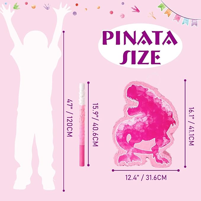 WERNNSAI Dinosaur Piñata - Watercolor Pink Dinosaur Piñata Birthday Piñata with Stick and Blindfold for Kids Birthday Party Game Classroom Activities Rose Dinosaur Themed Party Decors(16.1’’ x 12.4’’)