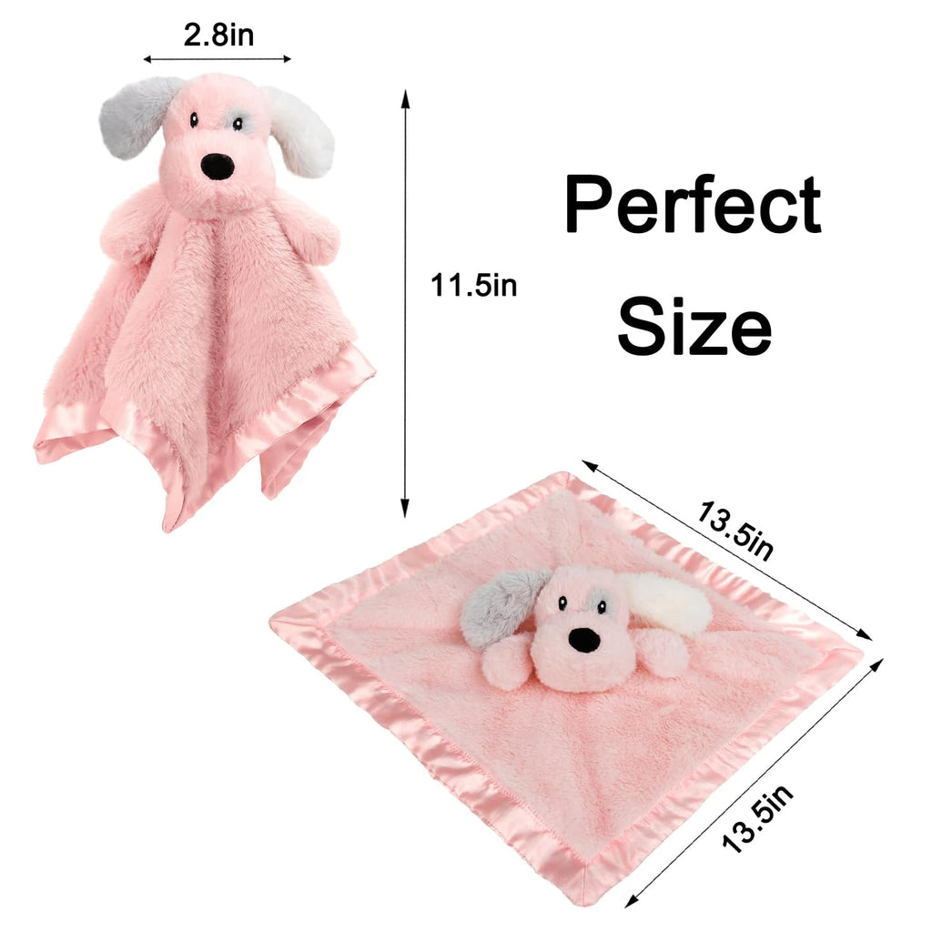 Puppy Baby Security Blanket for Toddler Infant Newborn Boys and Girls Soft Lovey Stuffed Animal with Plush Fabric and Satin Backing, Lovely Snuggle Toy, Pink 13.5 Inch