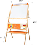3-in-1 Wooden Easel for Kids, Toddle Double-Sided Easel with Magnetic Whiteboard and Painting Blackboard, 360° Rotatable, Paper-roll Holder, Storage Tray, and Stickers Included