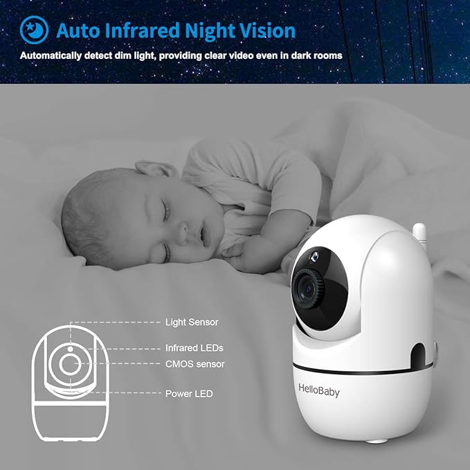 HelloBaby Video Baby Monitor with 2 Cameras and Audio. Baby Monitor with Remote Pan/Tilt/Zoom, VOX Mode, Night Vision, 2-Way Talk, 8 Lullabies