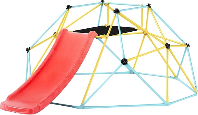 VEVOR Climbing Dome, 8FT Geometric Dome Climber with Slide, Jungle Gym Supports 600LBS and Easy Assembly for Kids 3 to 9 Years Old, with Climbing Grip, Outdoor and Indoor Play Equipment for Kids