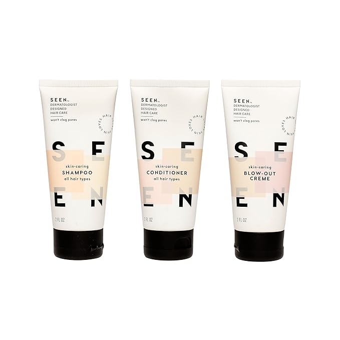 SEEN Travel Trio - Scented - Non-Comedogenic & Sulfate-Free Blow-Out Hair Cream, Shampoo & Conditioner Set- Reduces Frizz- Heat Protectant- Safe for Sensitive & Acne Prone Skin