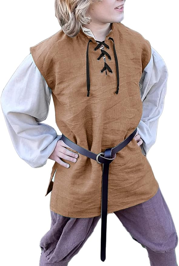 Boys Kids Renaissance Pirate T Shirts Viking Medieval Sleeveless Lace Up Costume Scottish Cotton Tank Tops