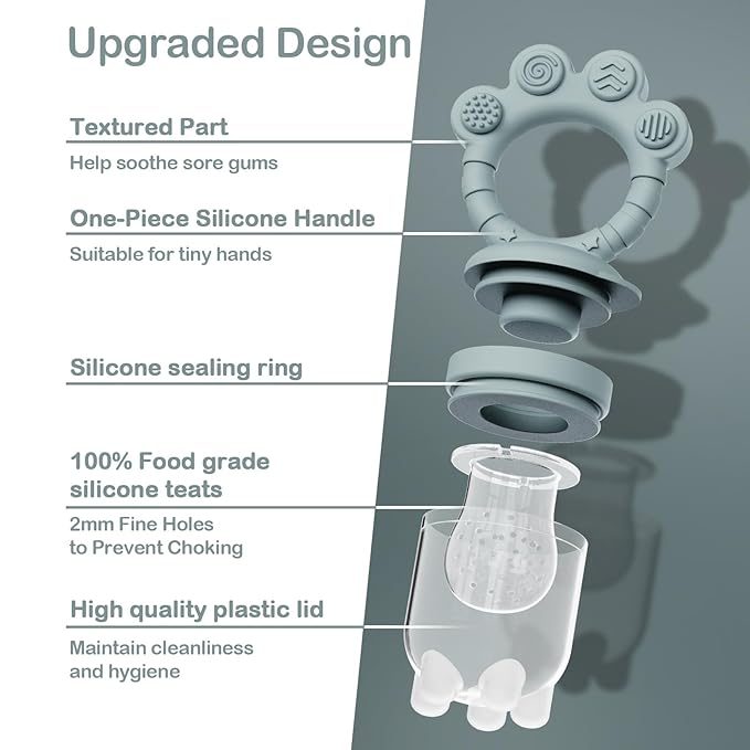 2 Pack Baby Fruit Food Feeder+Breastmilk Popsicle Molds,Baby Teethers,BPA Free,3 Sizes,2mm Fine Holes to Prevent Choking,Perfect for Teething Relief & Infant Solid Food Introduction,3 M+ (Ether/Grey)