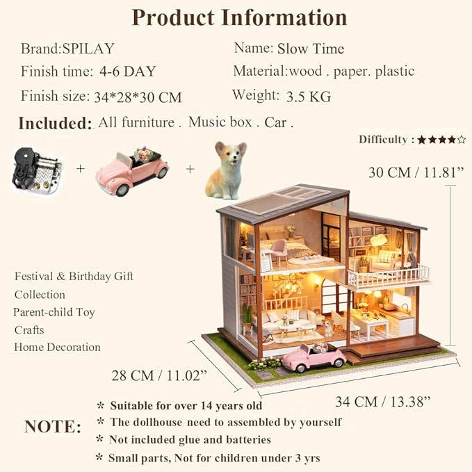 Spilay DIY Dollhouse Miniature with Wooden Furniture,DIY Dollhouse Kit Large Villa Model with LED Light & Music Box,1:24 Scale Creative Room Gift for Adult Teenager