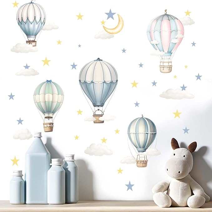 Balloon Wall Decals for Kids Room: Peel and Stick Hot Air Balloon Stars Cloud Wall Stickers - Baby Nursery Boys Room Girls Bedroom - Children Supplies Ages 1-12 Years Wall Decor Art