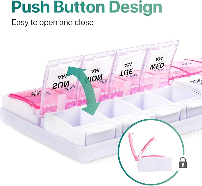 Sukuos AM PM Weekly Pill Organizer 7 Day, 2 Times A Day Medicine Pill Box with Easy Push Button, BPA Free Vitamin Cases for Fish Oil/Supplements (Pink&White)