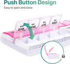 Sukuos AM PM Weekly Pill Organizer 7 Day, 2 Times A Day Medicine Pill Box with Easy Push Button, BPA Free Vitamin Cases for Fish Oil/Supplements (Pink&White)